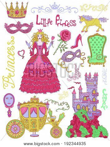 Colorful hand drawn set with princess and royal accessories. Graphic vector illustration, doodle sketch with vintage design elements. Suitable for invitation, greeting cards
