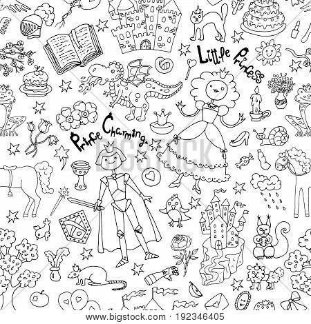 Seamless doodle background with black and white prince and princess concept. Graphic vector illustration, sketch with vintage design elements. Suitable for invitation, greeting cards