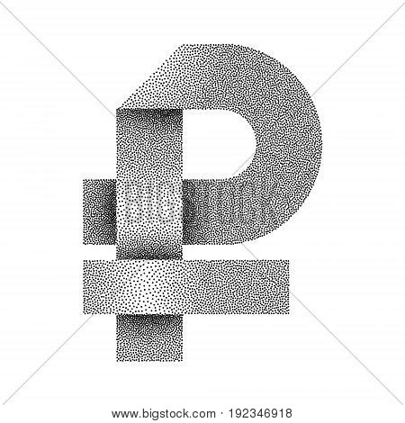 Stippled Russian Rouble sign icon. Ruble currency symbol. Vector textured illustration on white background.