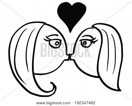 Cartoon vector of woman and woman two lesbian women in love kissing smooching each other with large heart symbol above their heads