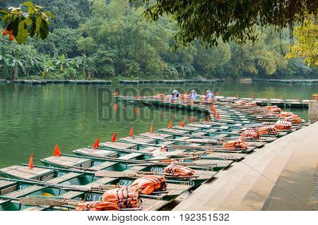 The small travel boat's pier of Tam Coc Bich Dong river Ninh Binh Vietnam
