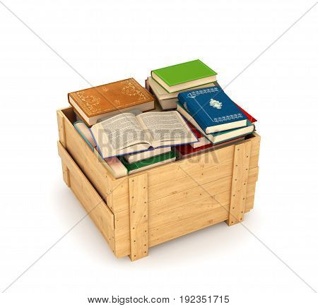 stack of books in wooden box. 3d illustration