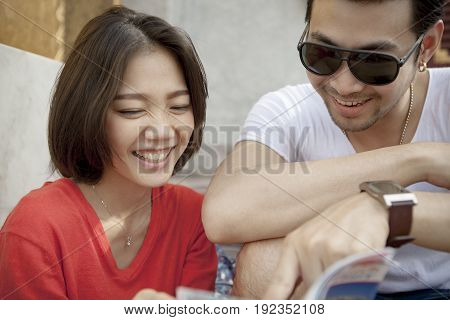 couples of asian younger man and woman laughing happiness emotion traveling destination