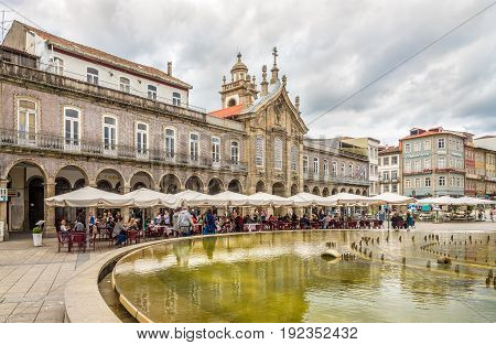 BRAGA,PORTUGAL - MAY 14,2017 - View at the Palace with Lapa church in Braga. Braga was under the Roman Empire known as Bracara Augusta.