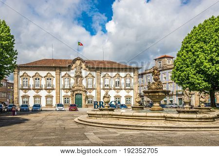 BRAGA,PORTUGAL - MAY 14,2017 - View at the City hall in Braga. Braga was under the Roman Empire known as Bracara Augusta.