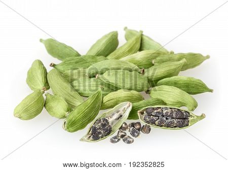 Green cardamon pods isolated on white background