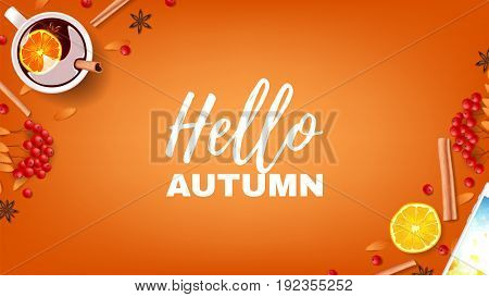 Hello autumn beautiful web banner. Top view on composition with cup of mulled wine, rowan, cinnamon sticks on orange background. Vector illustration.