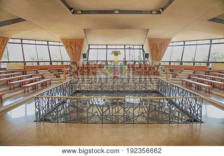 CAPERNAUM, ISRAEL - AUGUST 30, 2015 : Interior of the modern church was built over the ruins of Peter's house in Capernaum, Israel