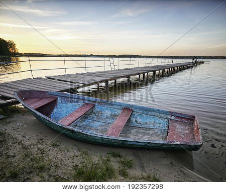 Landscape with a lake and boats. Ukraine. Shatskie lakes.