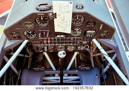 Salon with the instruments of a sports aircraft with a pre-flight.