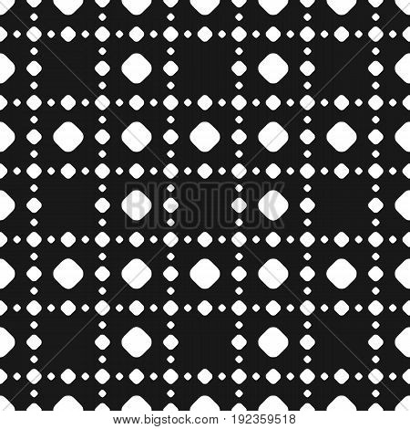 Polka Dot Pattern. Black & white subtle dotted texture. Abstract monochrome background with big and small circles in square geometric grid. Seamless pattern. Dark design for prints, decor, digital, web.