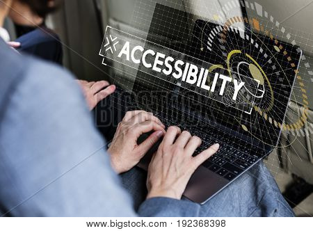 Businessman using laptop with accessbility word graphic popup