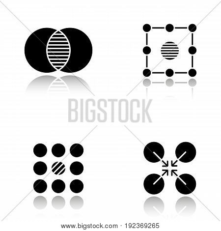 Abstract symbols drop shadow black glyph icons set. Merging, isolation, contradictory, cooperative concepts. Isolated vector illustrations