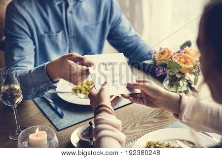 Romantic Man Giving Will You Marry Me Card Propose Woman