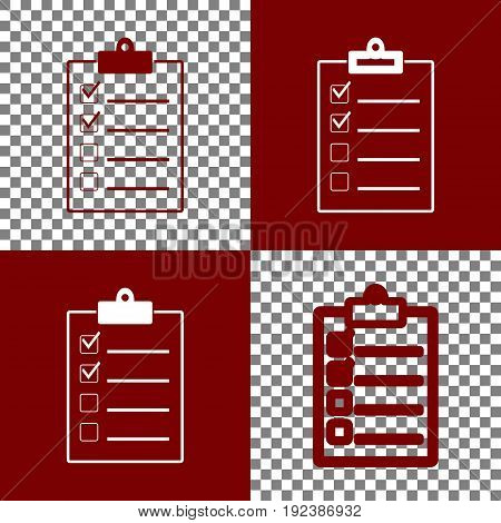 Checklist sign illustration. Vector. Bordo and white icons and line icons on chess board with transparent background.