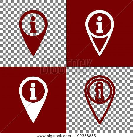 Map pointer with information sign. Vector. Bordo and white icons and line icons on chess board with transparent background.