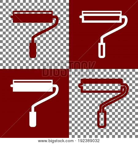 Roller sign illustration. Vector. Bordo and white icons and line icons on chess board with transparent background.