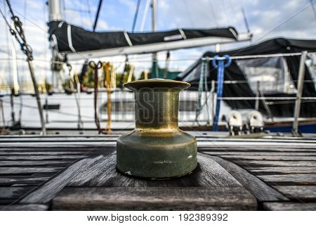Old capstan on a sailing boat in marine. Szczecin