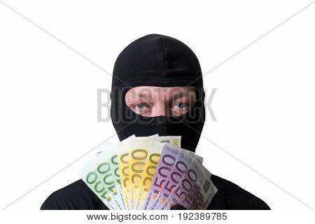 Thief holding euro money isolated on white background