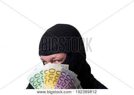 Thief holding euro money isolated on white background