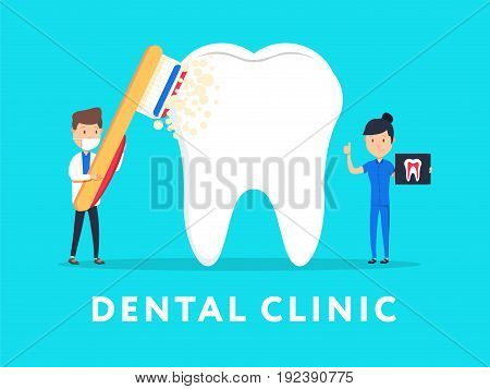 Dental clinic concept design for web banners, infographics. Stomatology dentist at work. Flat style vector illustration. Dental Care micro dentist patient people and huge tooth healthcare concept.