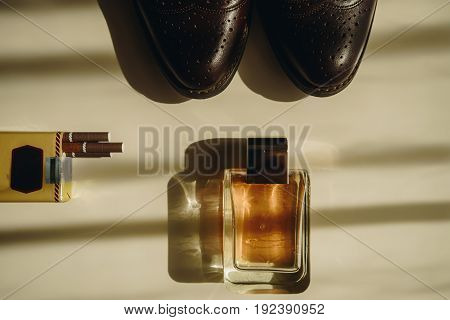 Man Collection. Cigarettes, Cologne, Shoes On White Table. Prewedding Bisness Time.