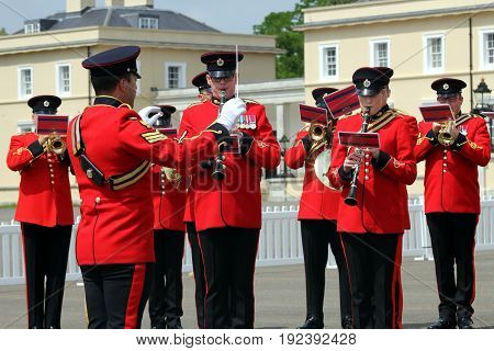 Sandhurst, Uk - June 18 2017: Conductor And Musicians Of The Military Band Of The Corps Of Royal Eng