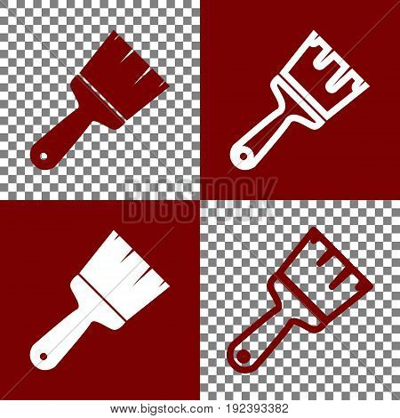 Brush sign illustration. Vector. Bordo and white icons and line icons on chess board with transparent background.