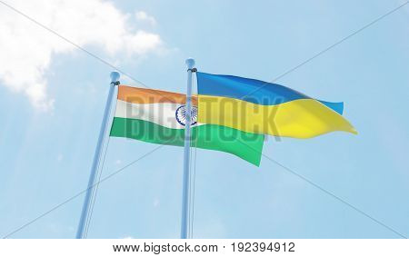 Ukraine and India, two flags waving against blue sky. 3d illustration