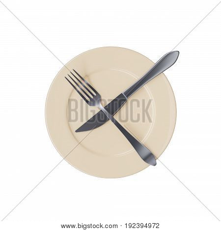 Empty beige plate with crossed fork and knife, isolated on white background. 3d illustration