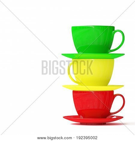 Stack of three cups with saucers isolated on white background. 3d illustration