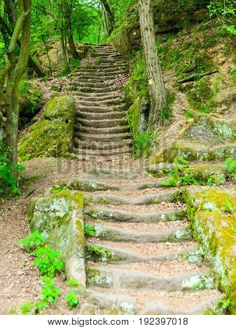 Long sandstone stairs in the forest, Mseno, Kokorinsko, Czech Republic