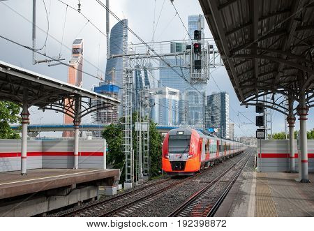 MOSCOW RUSSIA - June 22 2017 Electric train Lastochka at the Shelepikha station of the Moscow Central Ring.