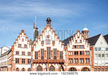 View on the city hall facade on the Roemer square at the old town in Frankfurt city