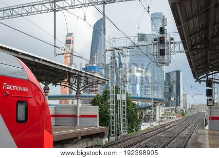 MOSCOW RUSSIA - June 22 2017 Electric train Lastochka at the Shelepikha station of the Moscow Central Ring.