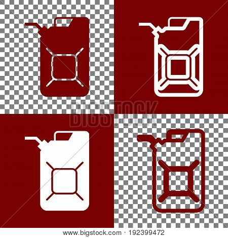 Jerrycan oil sign. Jerry can oil sign. Vector. Bordo and white icons and line icons on chess board with transparent background.