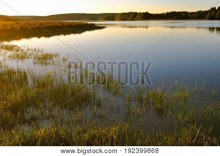 landscape on the shore of a lake at sunset