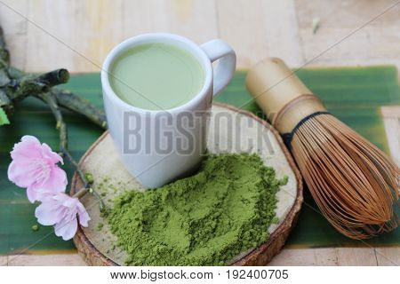 Hot green tea and matcha tea powde