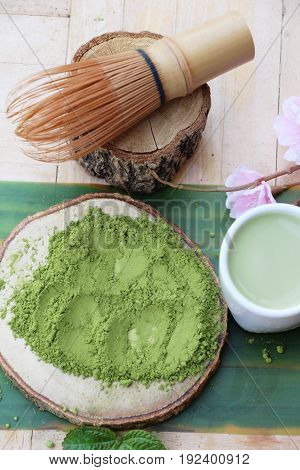 Hot green tea and matcha tea powde