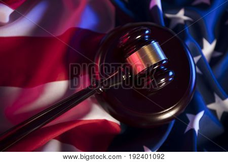 4th of July. American Declaration of Independence. Gavel and  american flag. Red and blue. Place for typography.