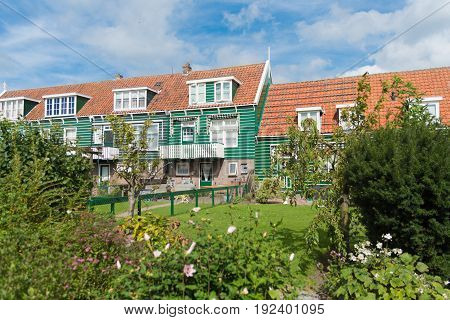 MARKEN NETHERLANDS - AUGUST 27 2016: Typical wooden houses on the former island Marken in the netherlands