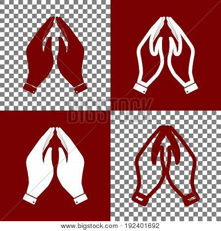 Hand icon illustration. Prayer symbol. Vector. Bordo and white icons and line icons on chess board with transparent background.