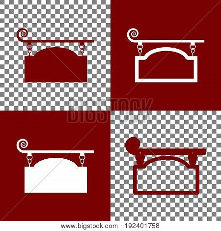 Wrought iron sign for old-fashioned design. Vector. Bordo and white icons and line icons on chess board with transparent background.
