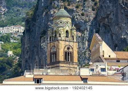 bell tower of Amalfi Cathedral, dedicated to the Apostle Saint Andrew, Roman Catholic cathedral in the Piazza del Duomo, Amalfi, Italy