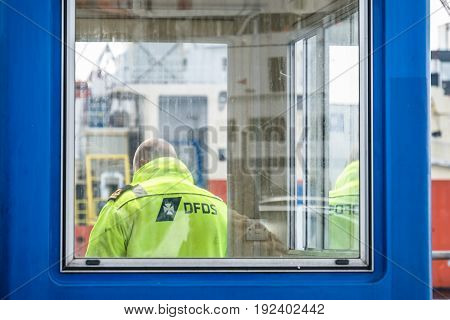 IJMUIDEN NETHERLANDS - MAY 12 2017 : Worker getting the ferry ready for the passengers