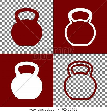 Fitness Dumbbell sign. Vector. Bordo and white icons and line icons on chess board with transparent background.