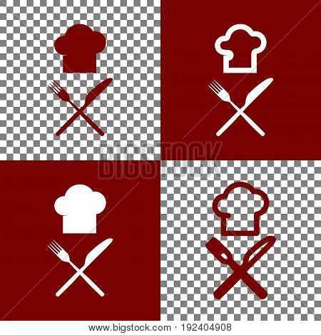 Chef with knife and fork sign. Vector. Bordo and white icons and line icons on chess board with transparent background.