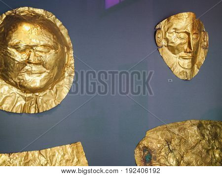 Golden Death Masks In Museum In Athens
