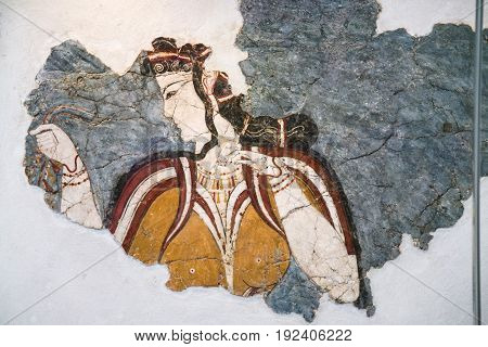Ancient Minoan Fresco From Thera In Museum