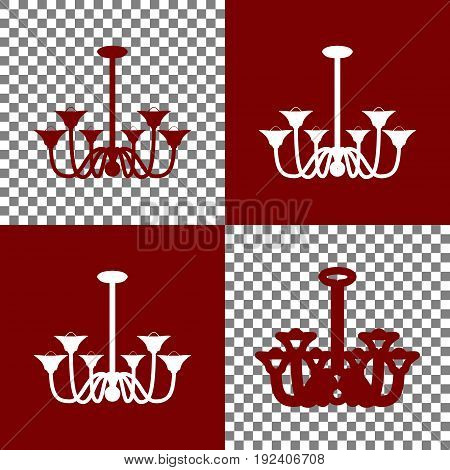 Chandelier simple sign. Vector. Bordo and white icons and line icons on chess board with transparent background.